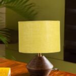 Yellow Jute Table lamp with Wood Natural Base (7×12 inches)