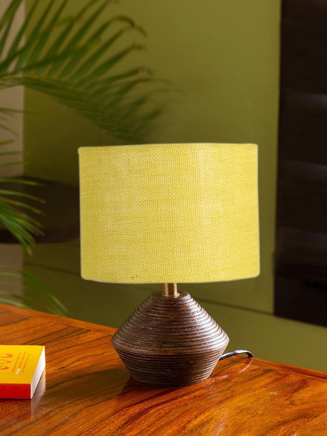 Yellow Jute Table lamp with Wood Natural Base (7x12 inches)