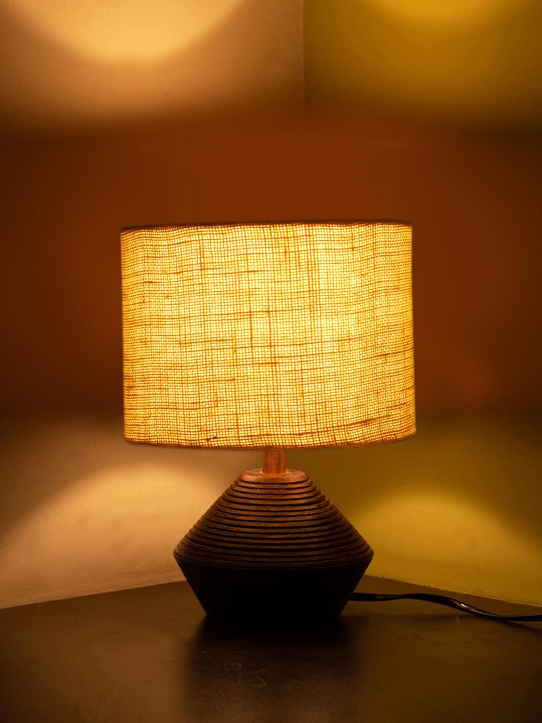 Yellow Jute Table lamp with Wood Natural Base (7x12 inches)
