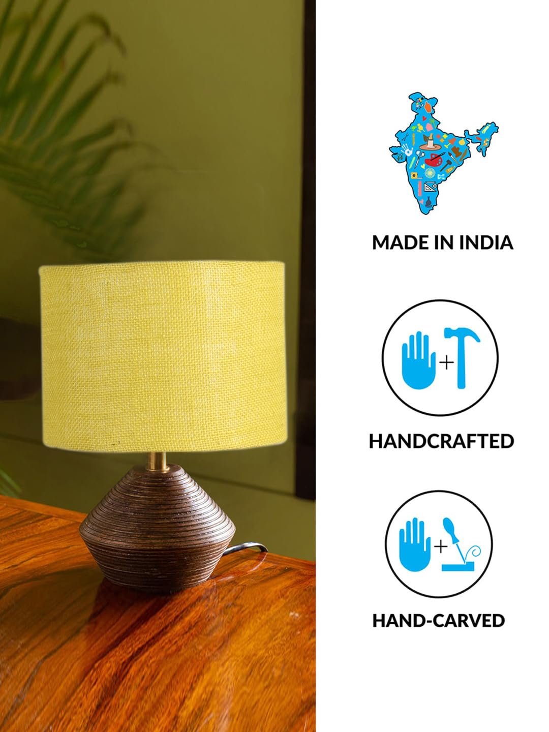 Yellow Jute Table lamp with Wood Natural Base (7x12 inches)