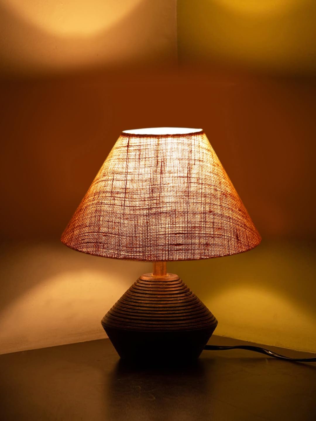 Beige Jute Table lamp with Wood Natural Base(10x12 inches)