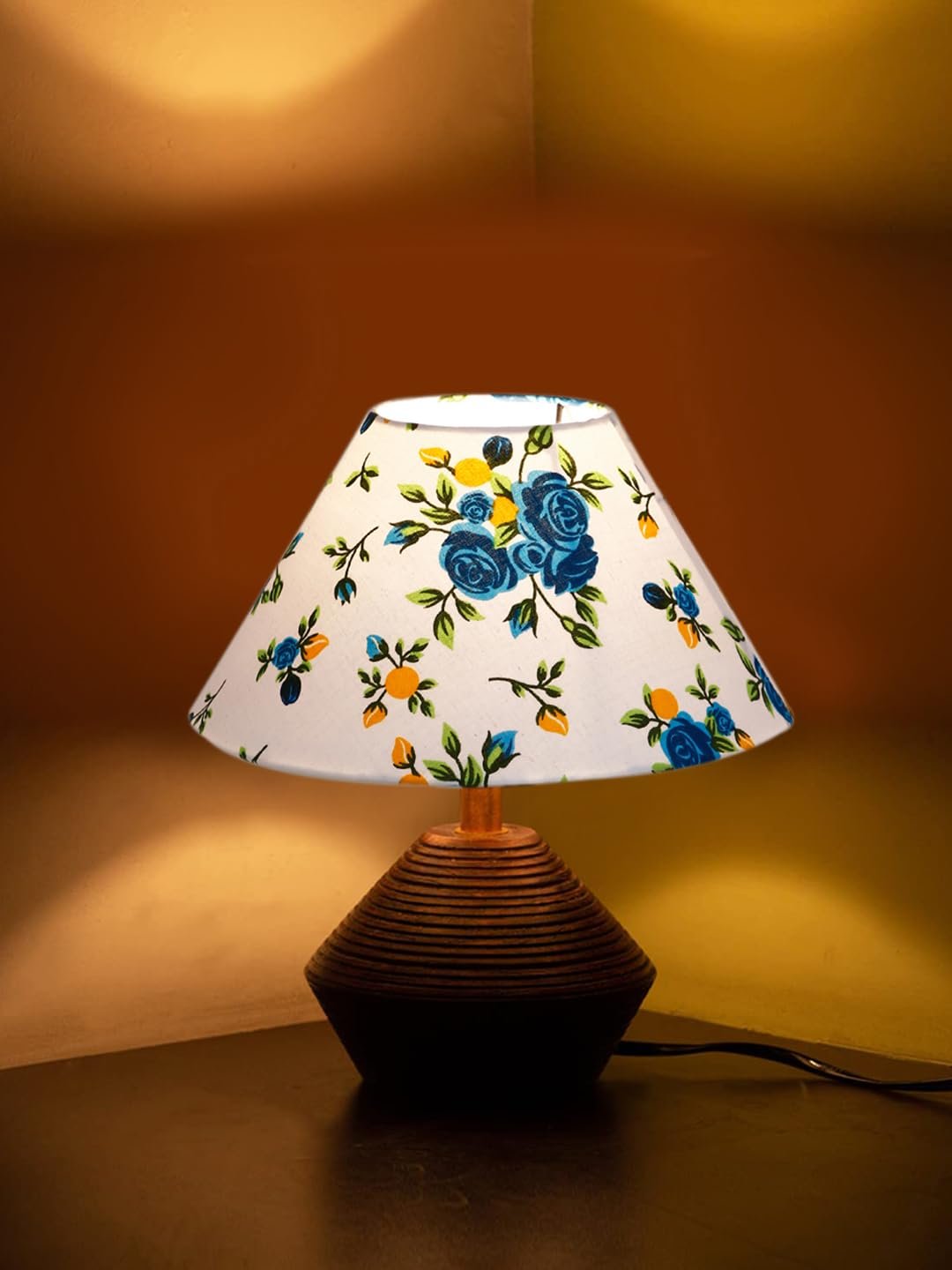 Multicolor Cotton Table lamp with Wood Natural Base (10x12 inches)-38