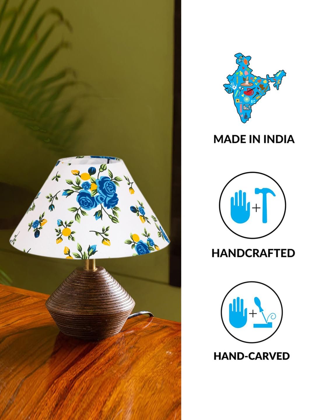 Multicolor Cotton Table lamp with Wood Natural Base (10x12 inches)-38
