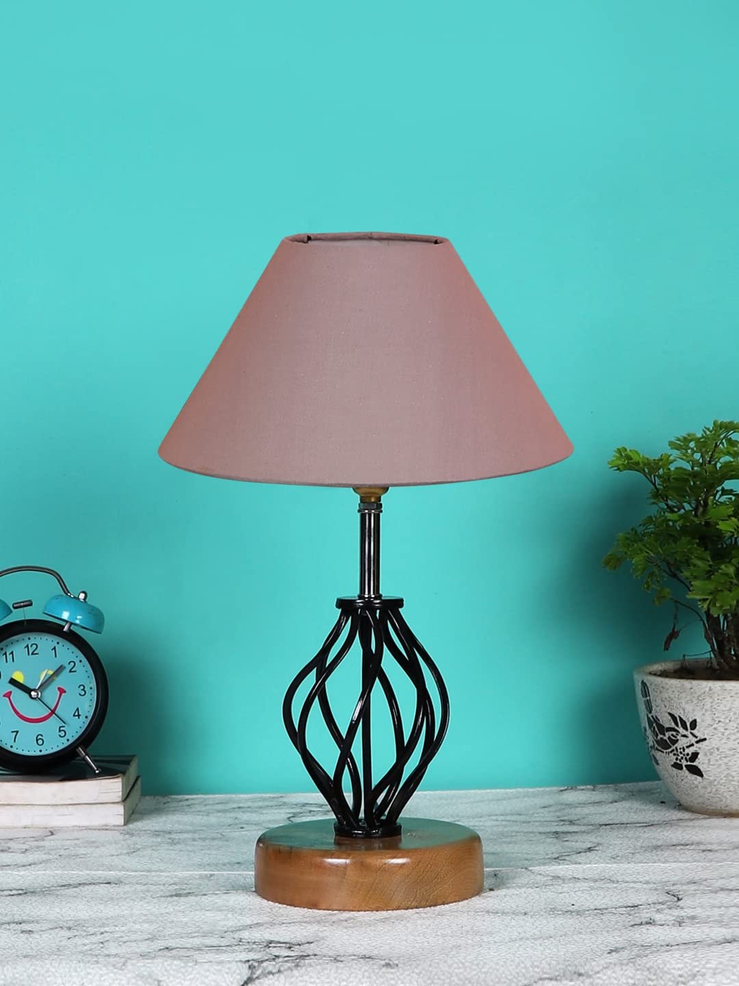 Grey Cotton Table lamp with Wood & Iron Base(06)