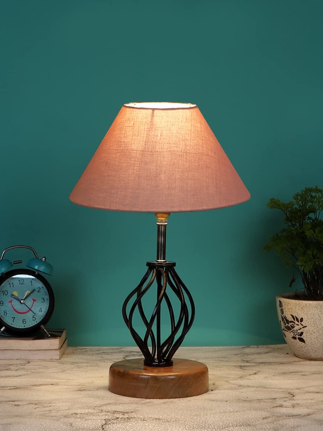 Grey Cotton Table lamp with Wood & Iron Base(06)