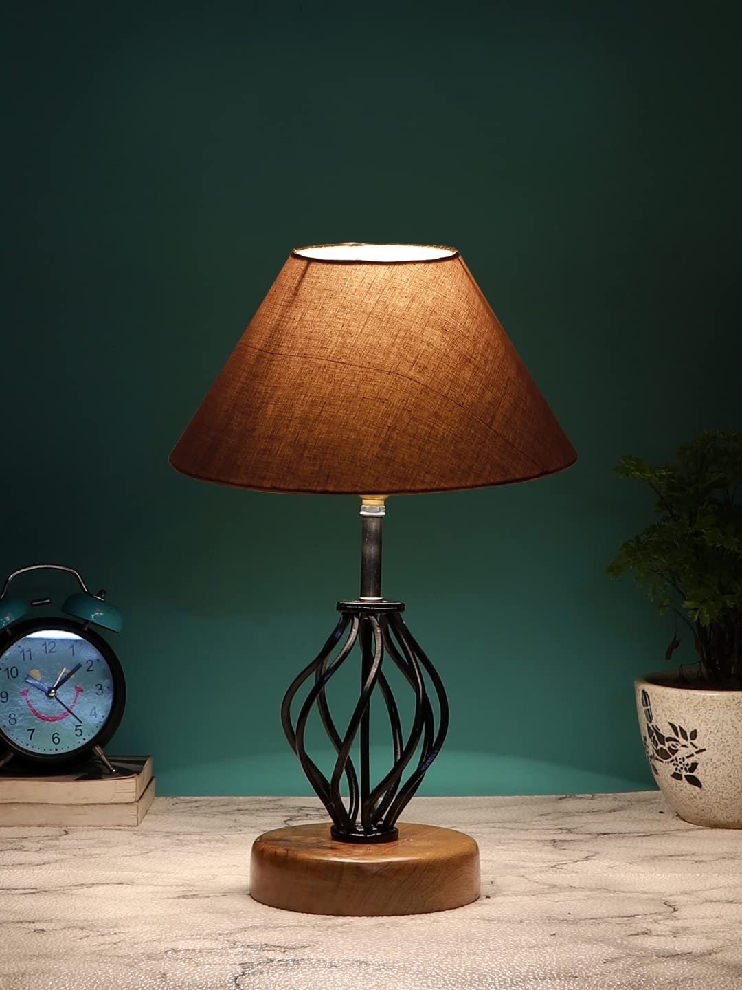 Grey Cotton Table lamp with Wood & Iron Base(06)