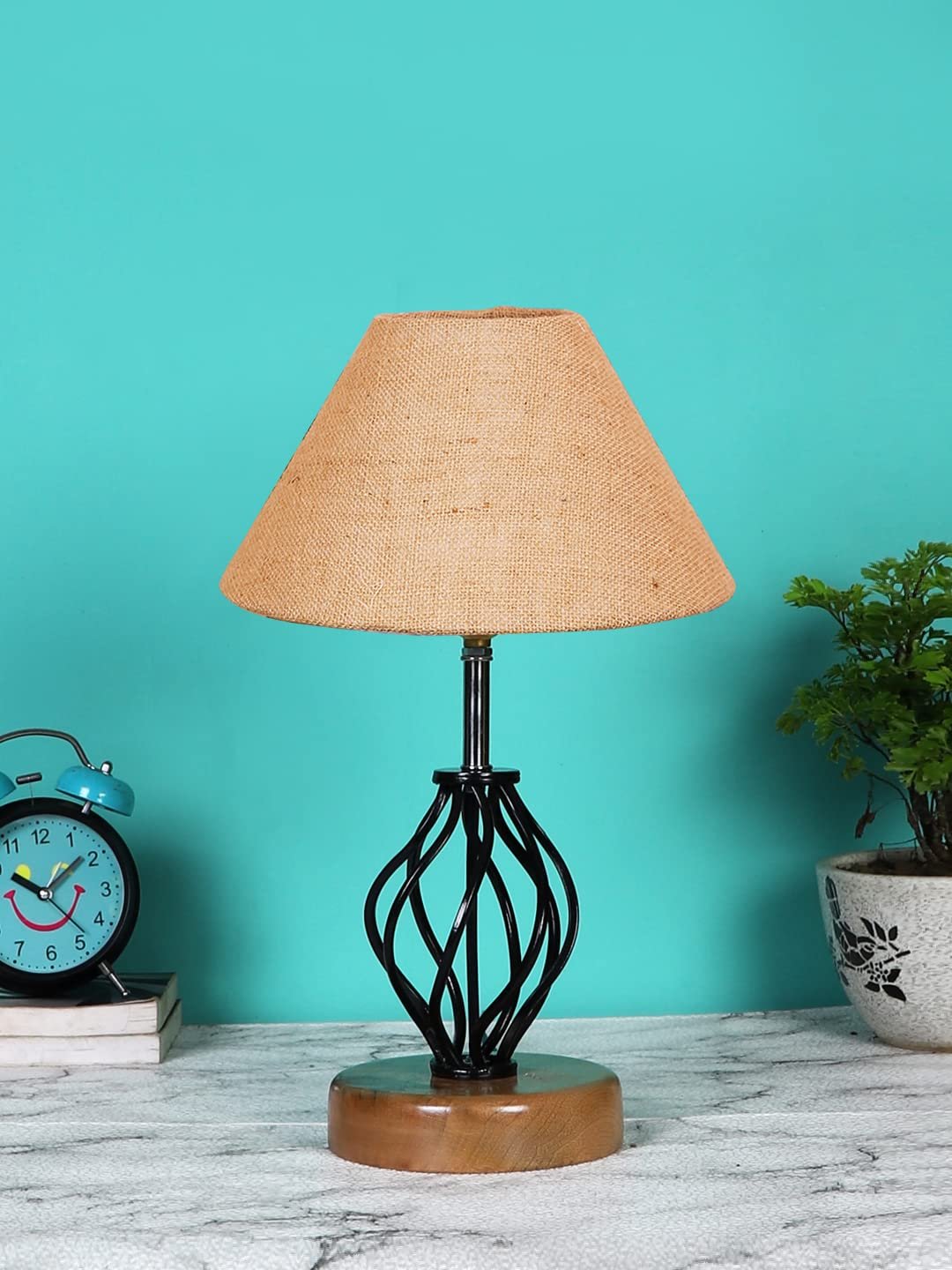 Beige Jute Table lamp with Wood & Iron Base(08)