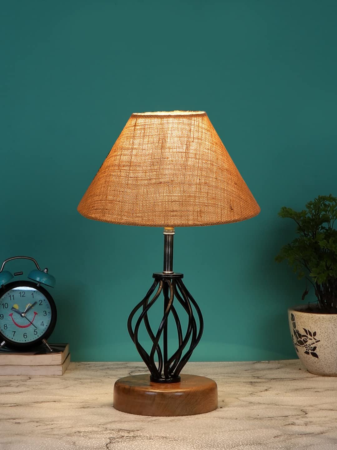 Beige Jute Table lamp with Wood & Iron Base(08)