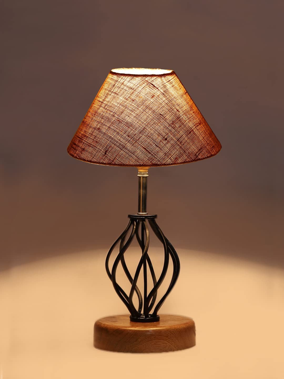 Beige Jute Table lamp with Wood & Iron Base(08)