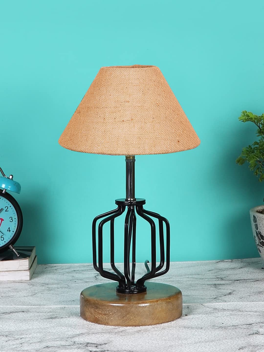 Beige Jute Table lamp with Wood & Iron Base(110)