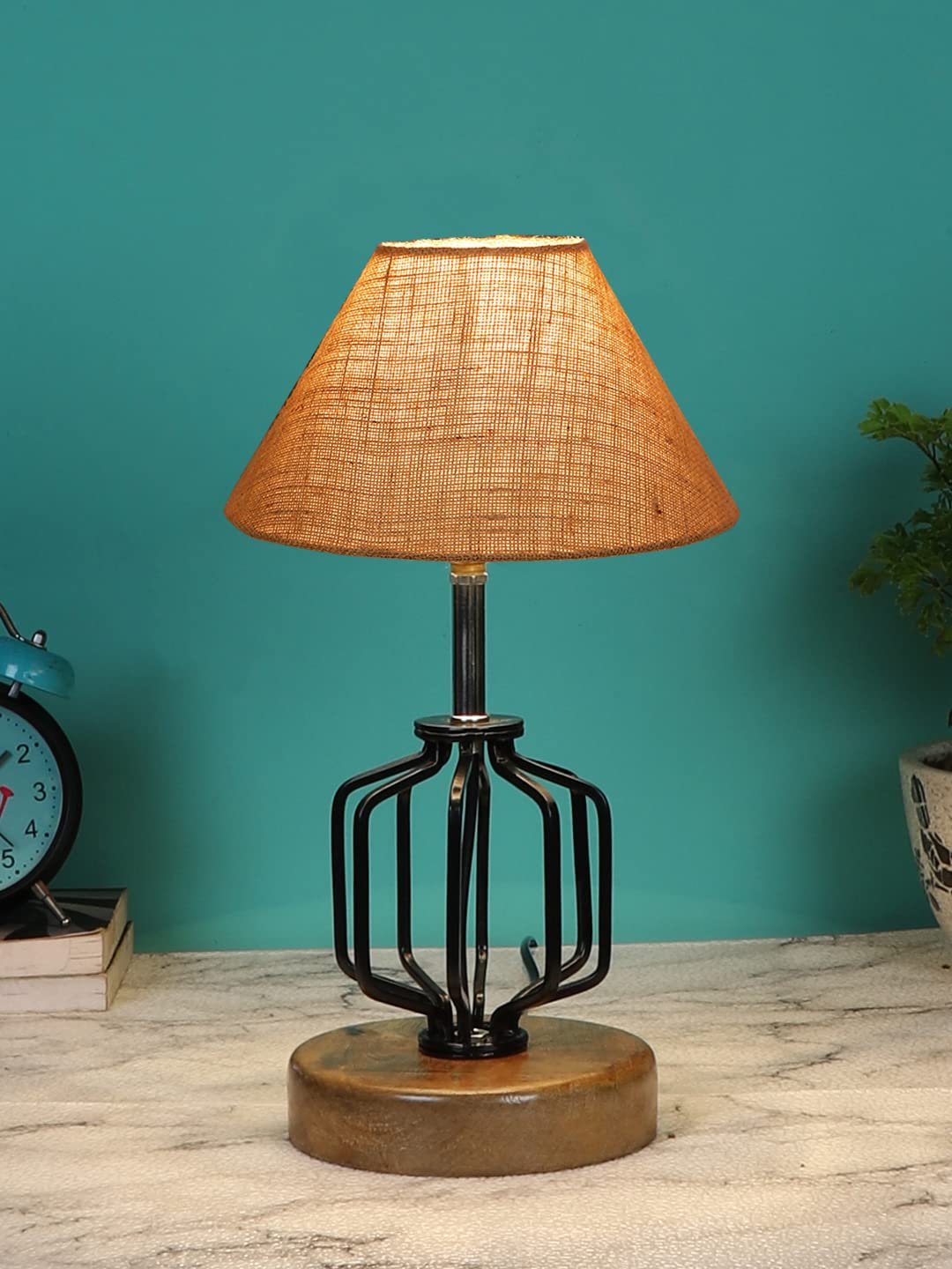 Beige Jute Table lamp with Wood & Iron Base(110)