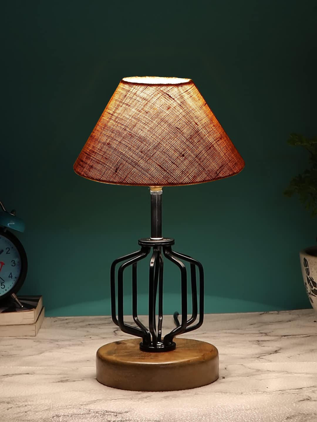 Beige Jute Table lamp with Wood & Iron Base(110)