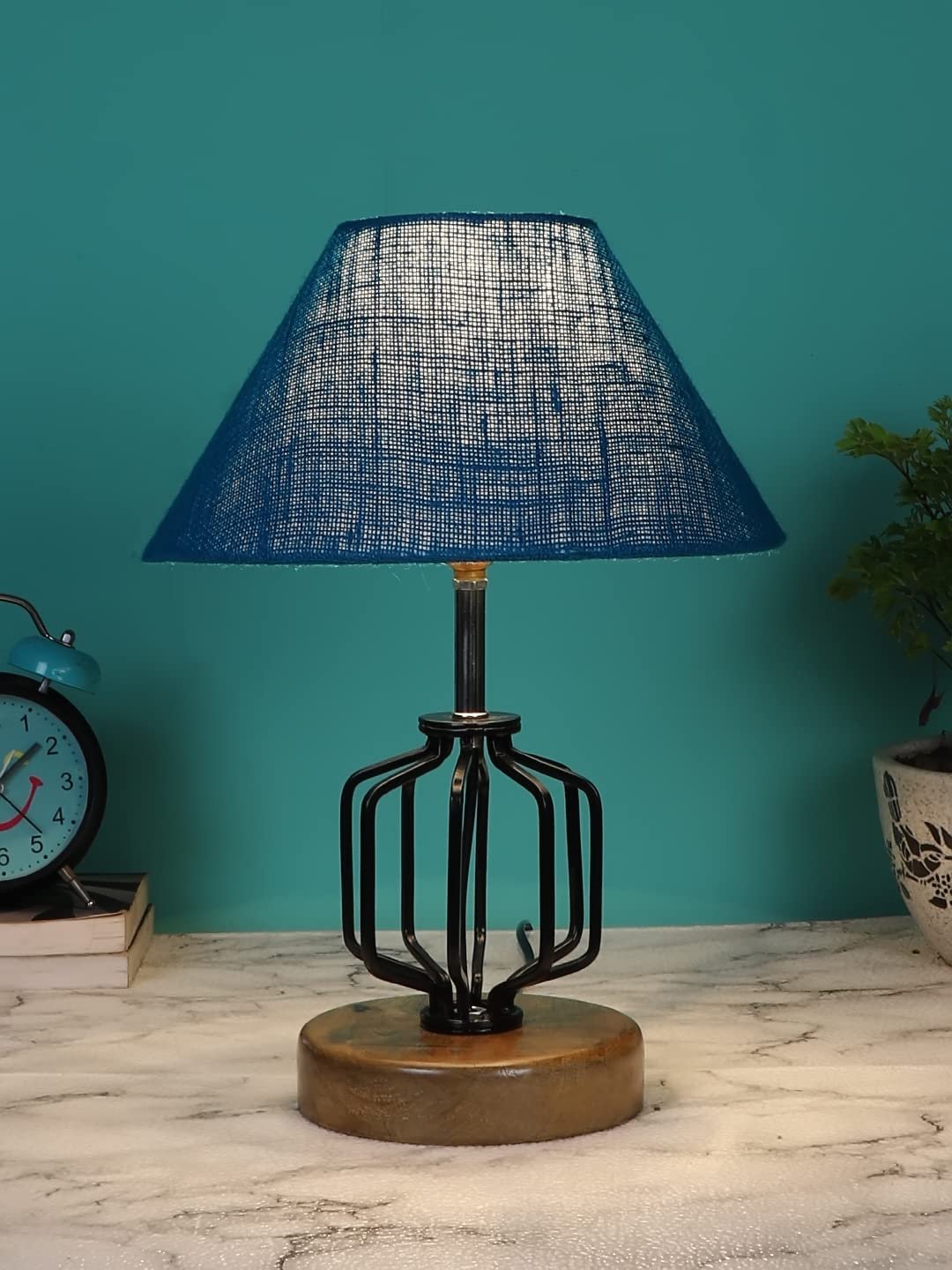 Turquoise Jute Table lamp with Wood & Iron Base(114)