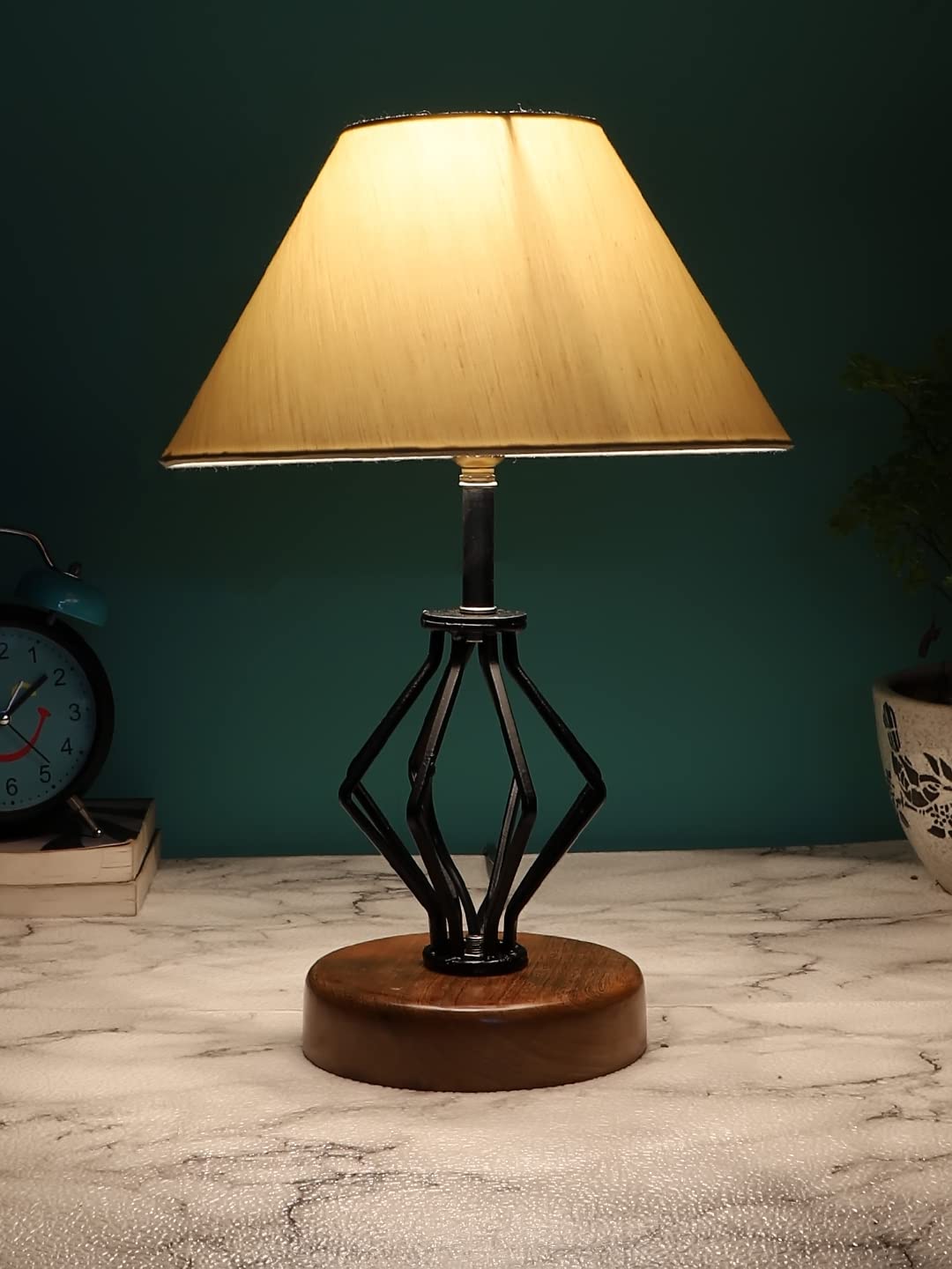 Off-White Cotton Table lamp with Wood & Iron Base