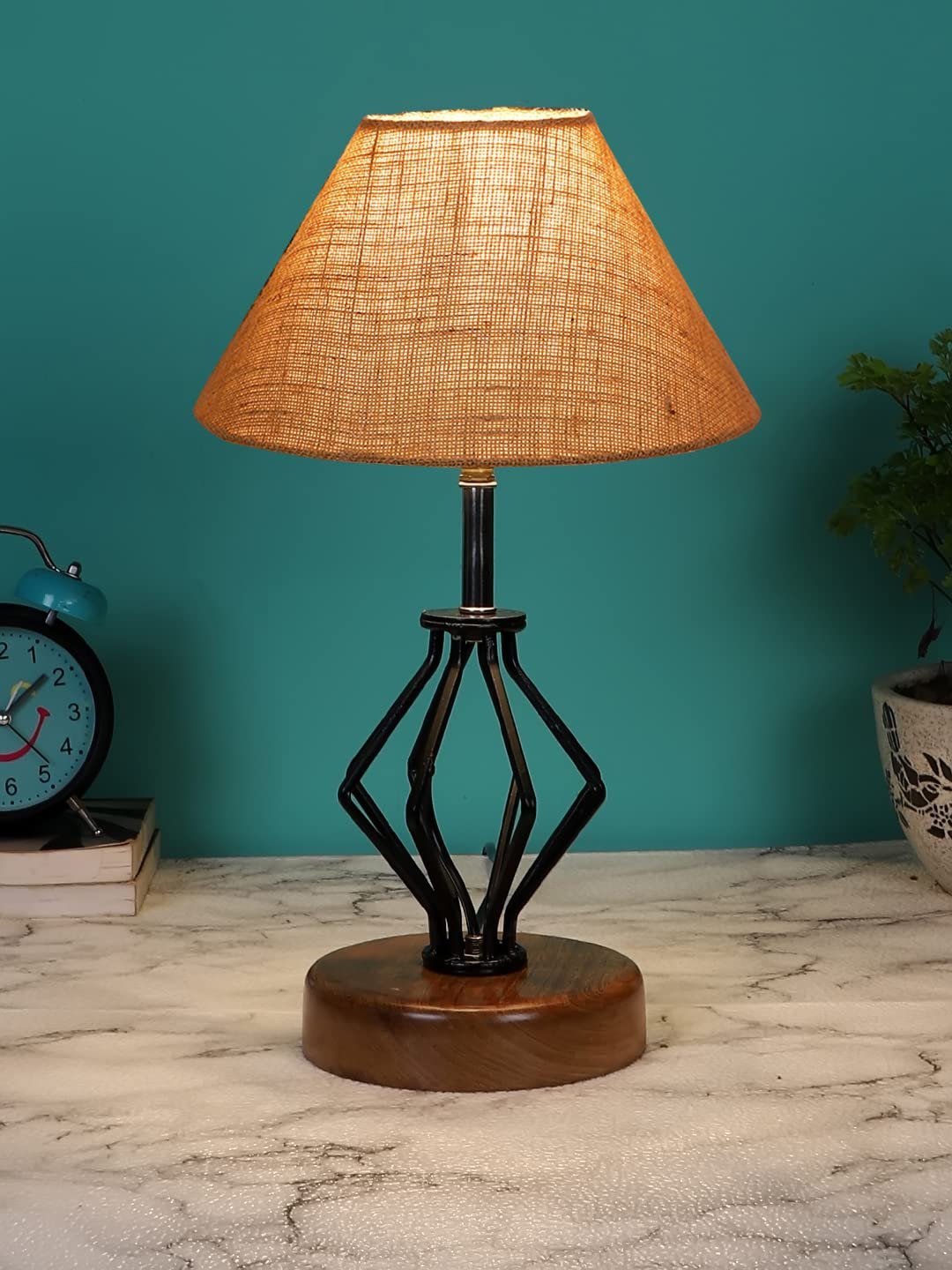 Beige Jute Table lamp with Wood & Iron Base(144)