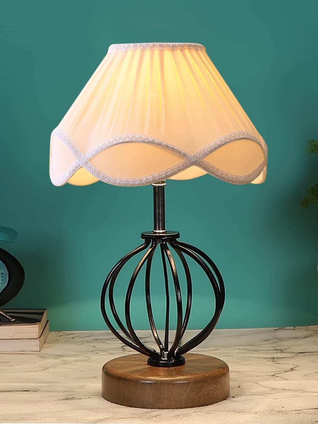 Vintage Off-White Shade Table lamp with Wood & Iron Base (67)