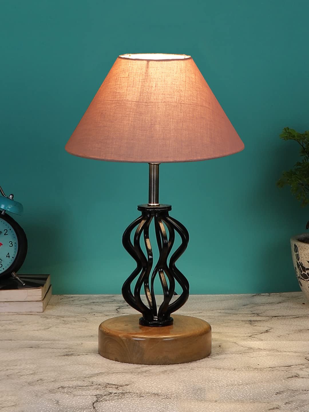 Grey Cotton Table lamp with Wood & Iron Base(74)