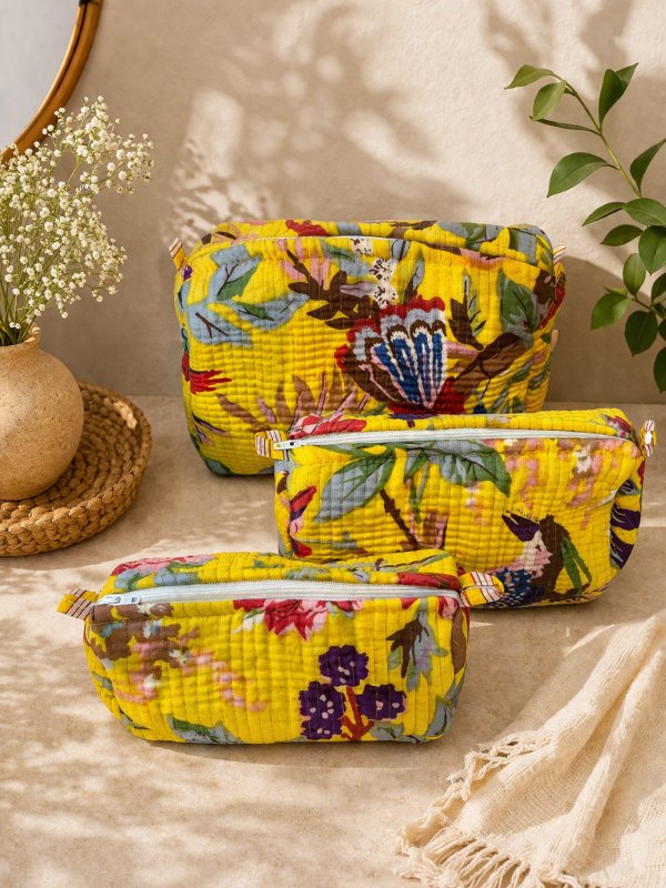 Hand Printed 3-in-1 Quilted Travel Pouch Set