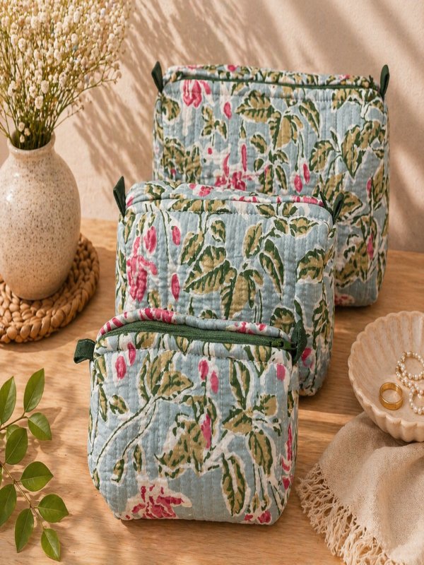 Hand Printed 3-in-1 Quilted Travel Pouch Set