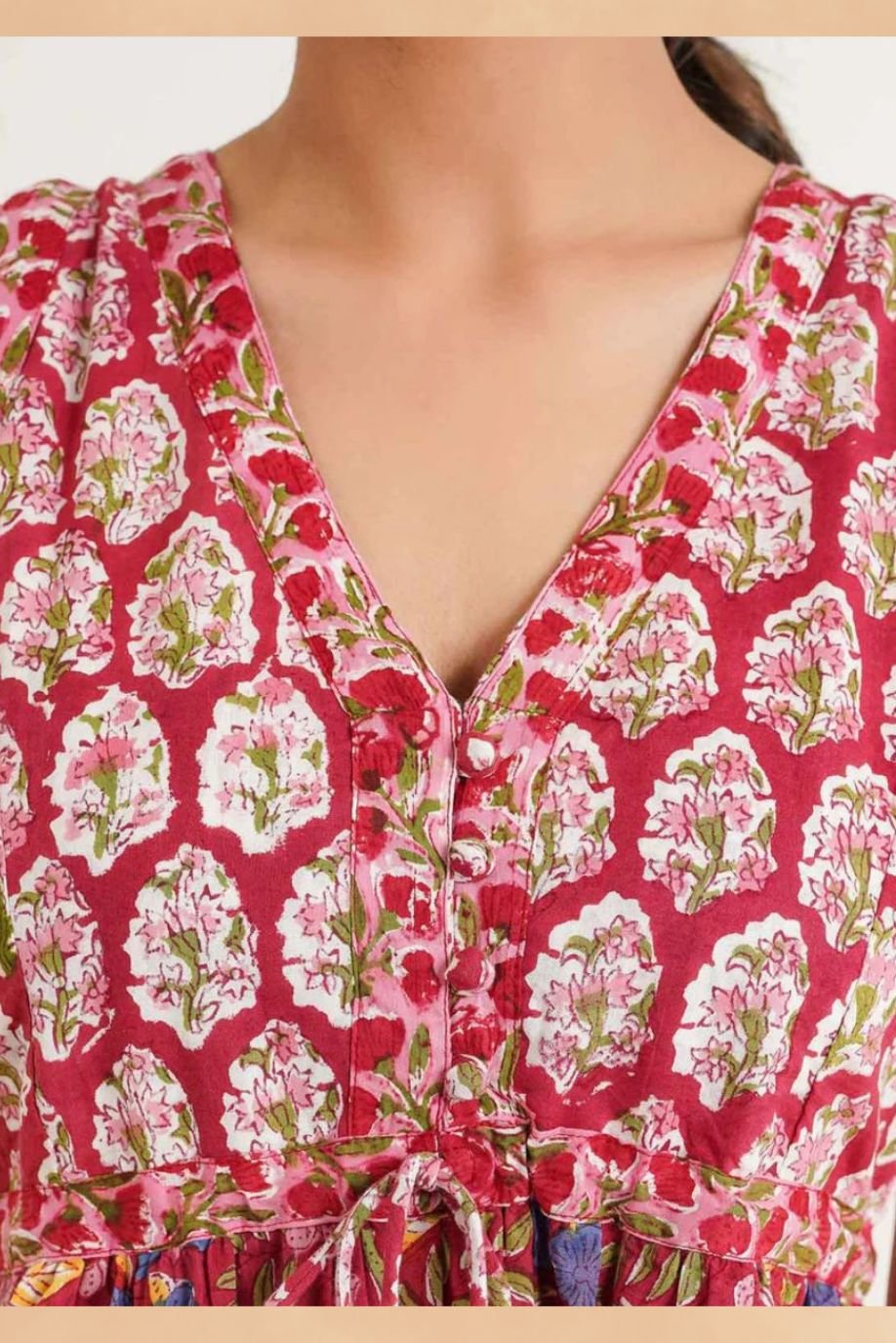LATA PRINTED DRESS-WITHOUT SLEEVES WITH WAIST GATHERS
