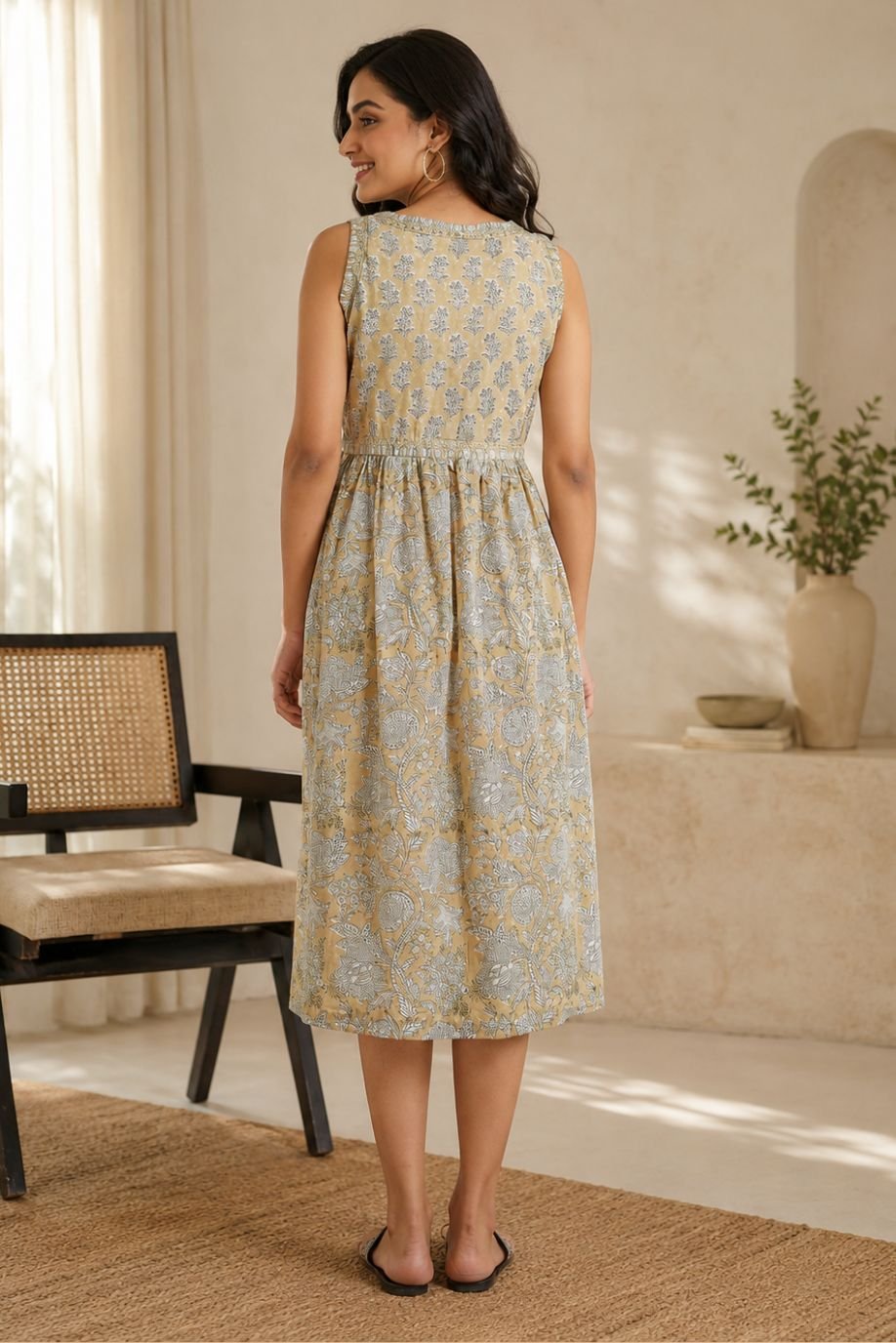 LATA PRINTED DRESS-WITHOUT SLEEVES WITH WAIST GATHERS