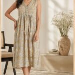 LATA PRINTED DRESS-WITHOUT SLEEVES WITH WAIST GATHERS