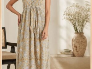 LATA PRINTED DRESS-WITHOUT SLEEVES WITH WAIST GATHERS