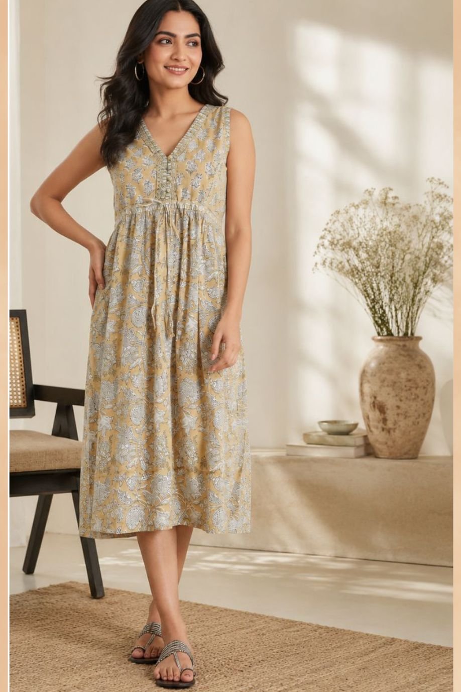 LATA PRINTED DRESS-WITHOUT SLEEVES WITH WAIST GATHERS
