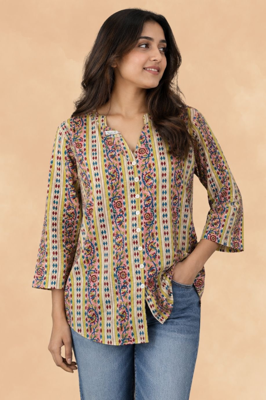 PRINTED MYRA TUNIC WITH V NECK-FRONT BUTTONS