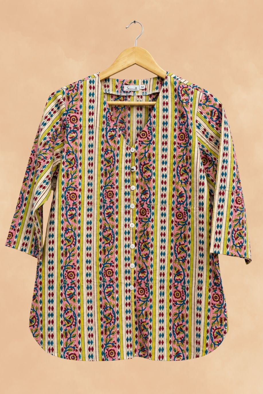 PRINTED MYRA TUNIC WITH V NECK-FRONT BUTTONS