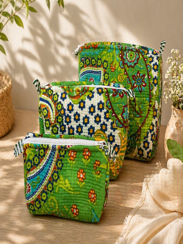 Hand Printed 3-in-1 Quilted Travel Pouch Set